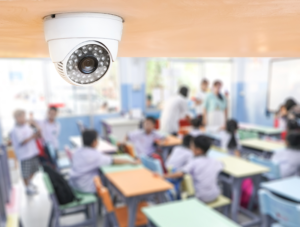 Security video surveillance in a classroom at a school
